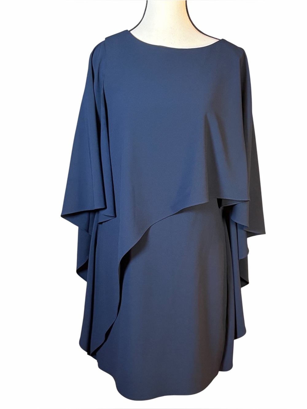 Halston Heritage Asymmetric Drape Crepe Dress Size 2 Navy Cape Capelet Sleeve